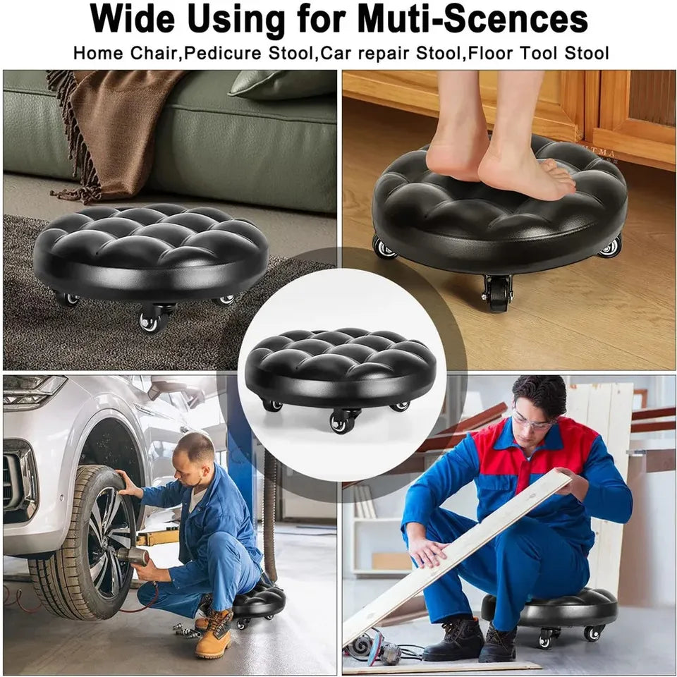 Pulley Low Stool, Soft Low Height Rolling Stool, Leather Stool Seat with Wheel, Round Roller Seat Stool for Home, Office, Garage