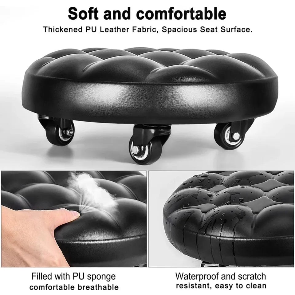 Pulley Low Stool, Soft Low Height Rolling Stool, Leather Stool Seat with Wheel, Round Roller Seat Stool for Home, Office, Garage