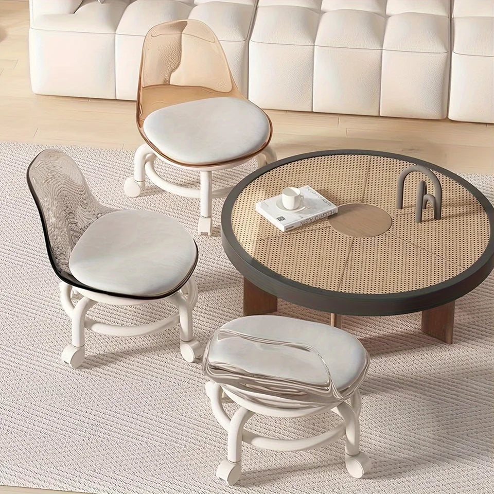 Small Stool with Universal Wheels, Acrylic Roller Stool, Transparent Stool with Wheels, Backrest, Compact and Portable