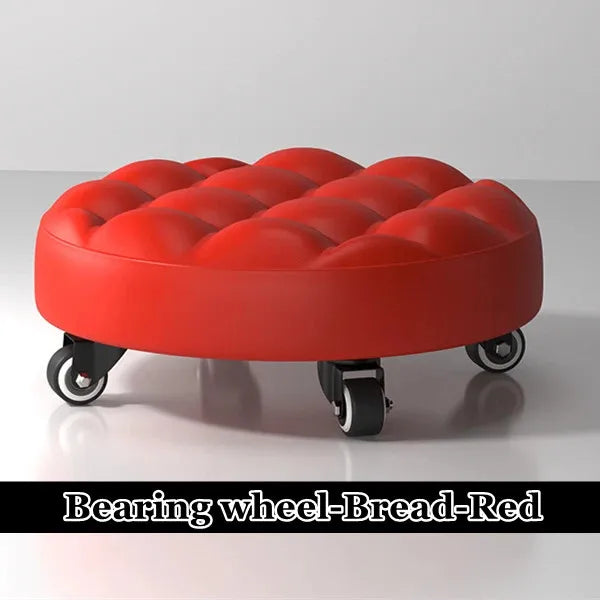 Pulley Low Stool, Soft Low Height Rolling Stool, Leather Stool Seat with Wheel, Round Roller Seat Stool for Home, Office, Garage