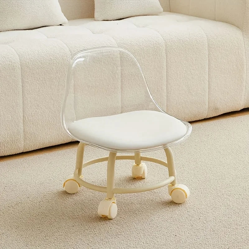 Small Stool with Universal Wheels, Acrylic Roller Stool, Transparent Stool with Wheels, Backrest, Compact and Portable