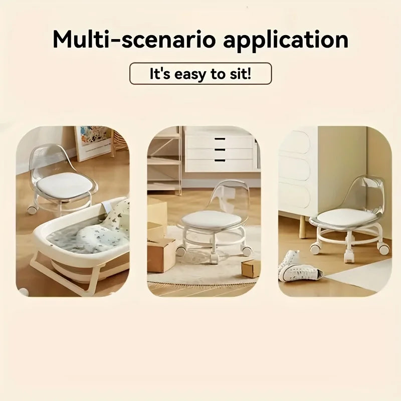 Small Stool with Universal Wheels, Acrylic Roller Stool, Transparent Stool with Wheels, Backrest, Compact and Portable