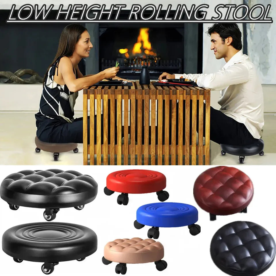 Pulley Low Stool, Soft Low Height Rolling Stool, Leather Stool Seat with Wheel, Round Roller Seat Stool for Home, Office, Garage