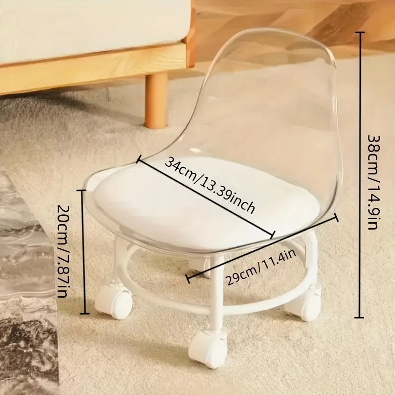 Small Stool with Universal Wheels, Acrylic Roller Stool, Transparent Stool with Wheels, Backrest, Compact and Portable