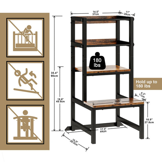 Toddler Kitchen Step Stool, Adjustable Height Learning Tower with Safety Rail, Steel & Wood Kitchen Stool for Kids, Toddler Help
