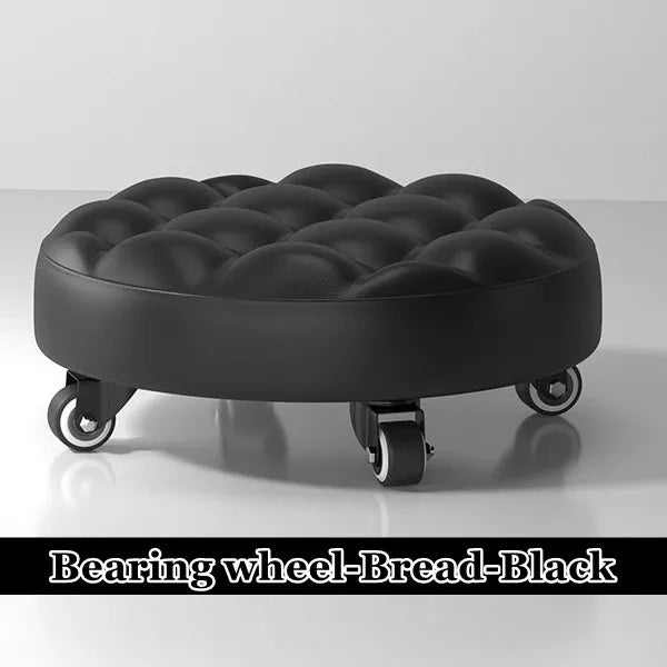 Pulley Low Stool, Soft Low Height Rolling Stool, Leather Stool Seat with Wheel, Round Roller Seat Stool for Home, Office, Garage